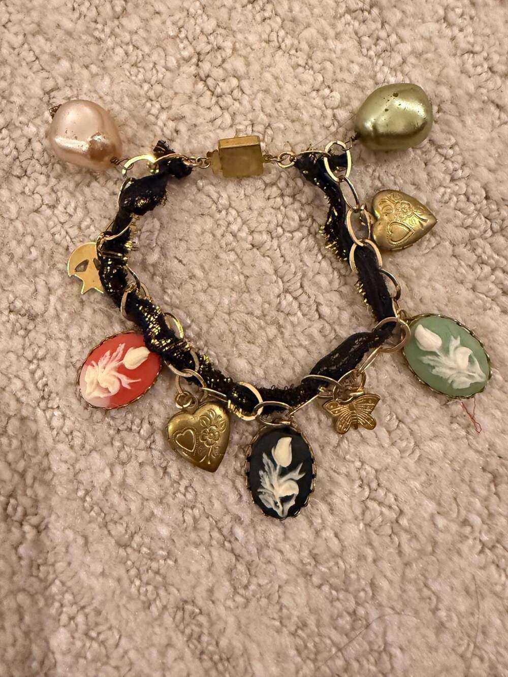 Tarina Tarantino Pink Head Victorian Cameo & Heart Locket Charm Bracelet